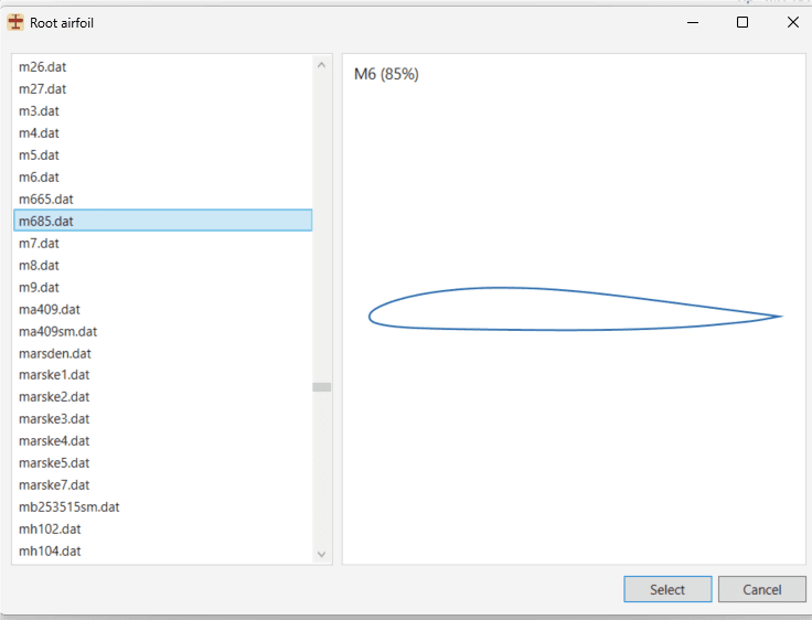 Root airfoil picker listing airfoil files from the UIUC database with a live profile preview