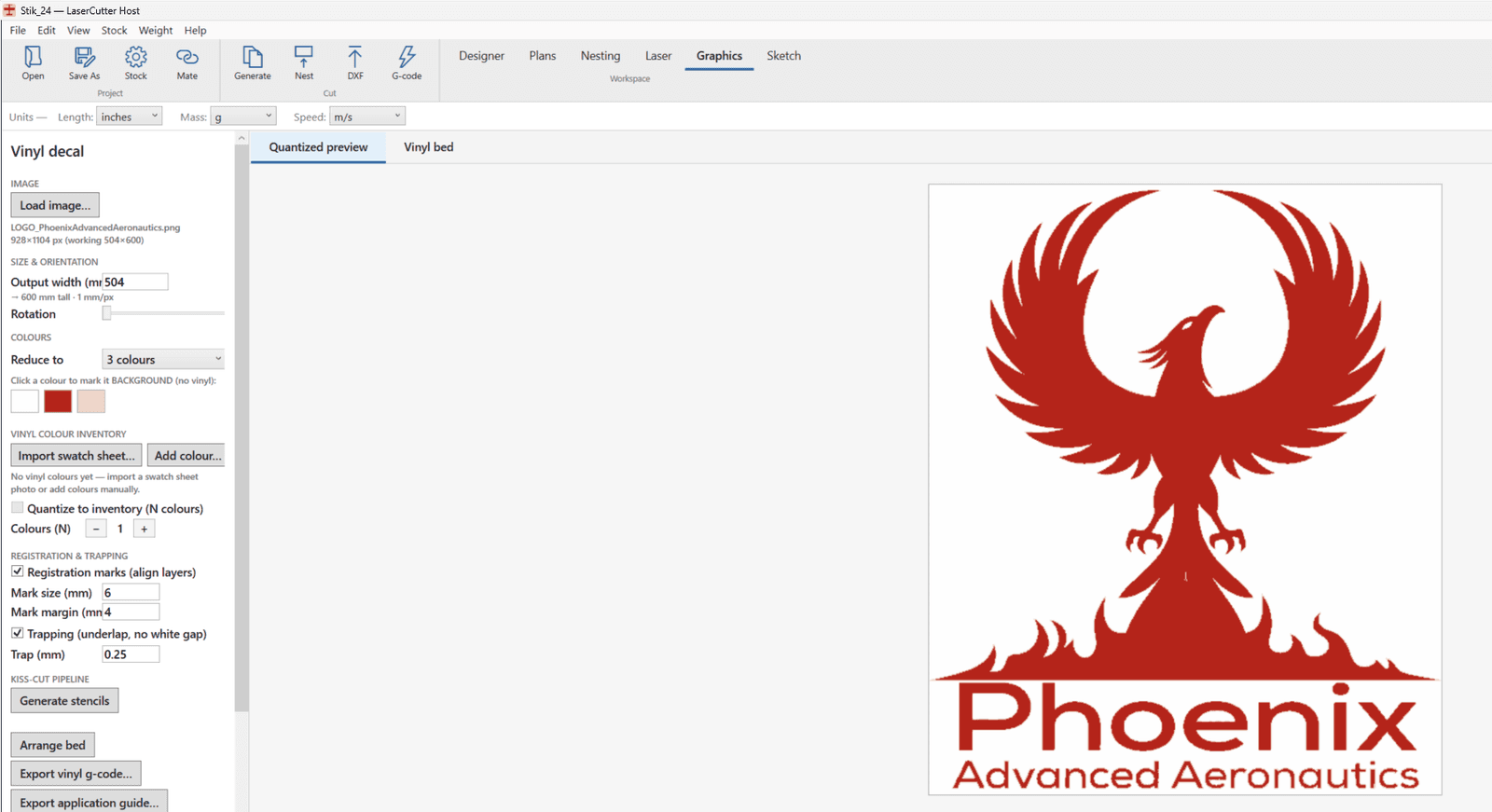Vinyl decal cutter processing the Phoenix Advanced Aeronautics logo