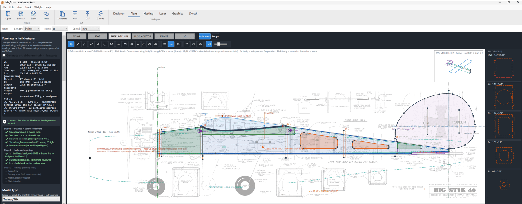 Fuselage designer with CAD scaffold traced over a vintage plan, CG and tail-volume analysis