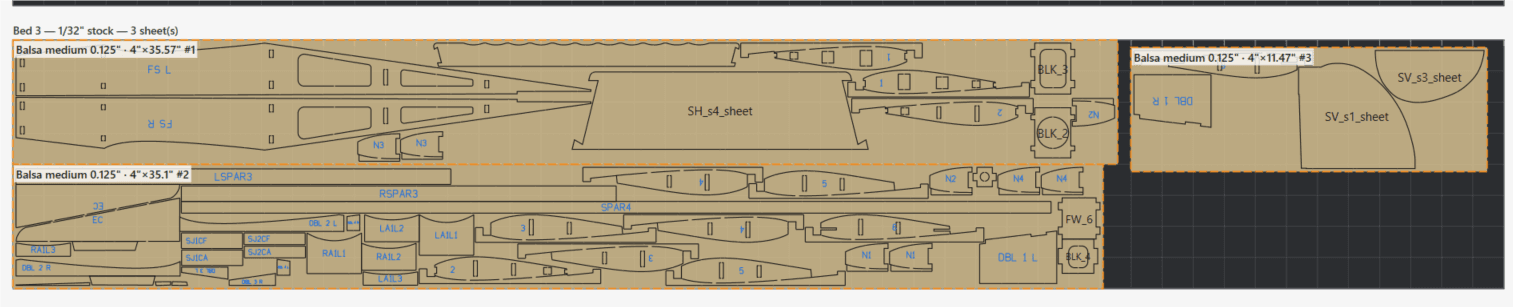 Laser bed layout showing balsa sheets of nested parts assigned to the bed
