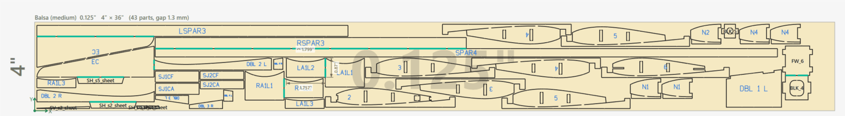 Single balsa sheet in the nesting view, densely packed with labeled parts