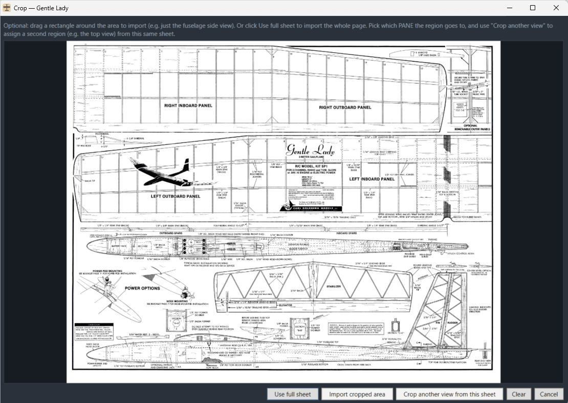 Plan import view with a full vintage Gentle Lady sailplane plan sheet loaded for cropping