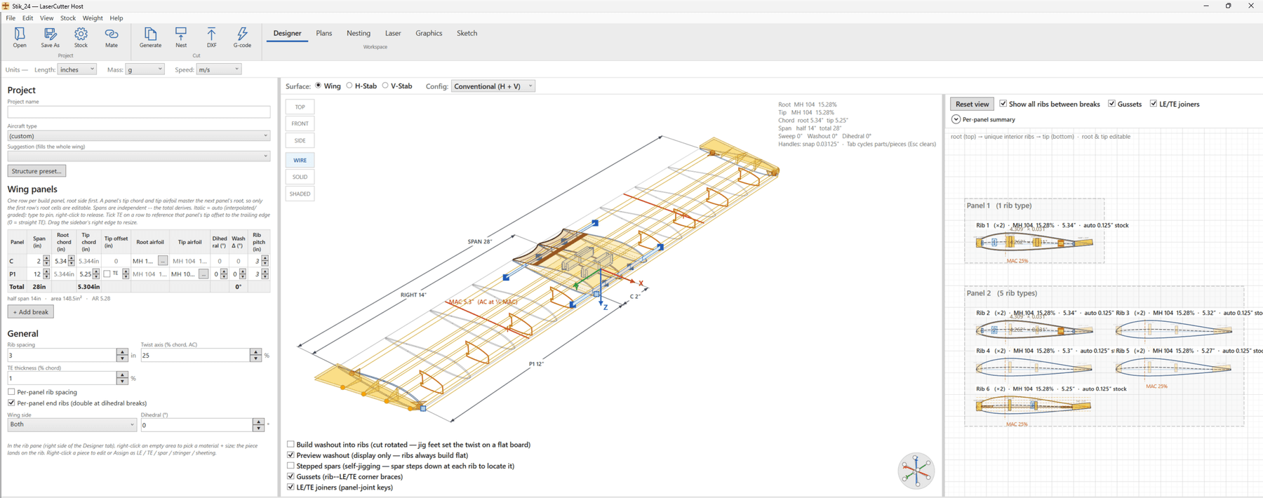 3D wing designer showing wireframe wing with ribs, spars, and airfoil data